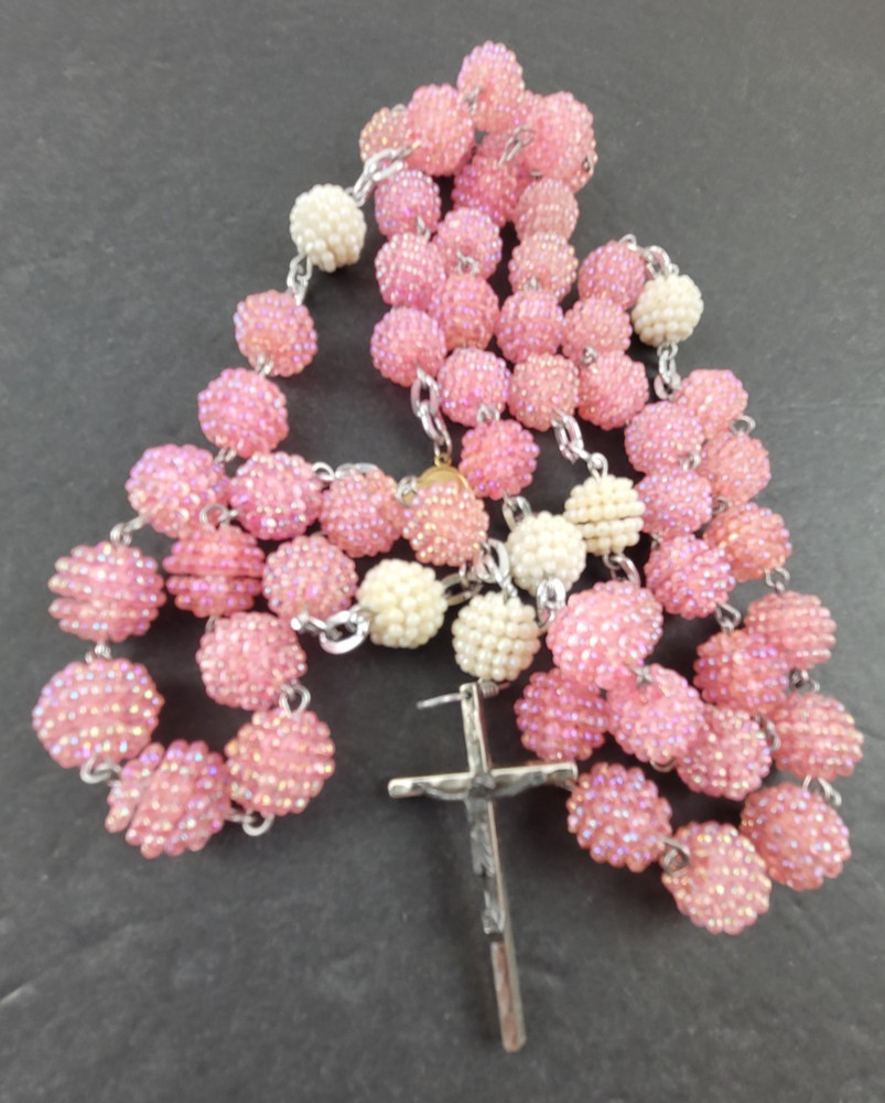 Rosary Bead Necklace Plastic Pink Rasberry Iridescent Textured Beads Roma Italy