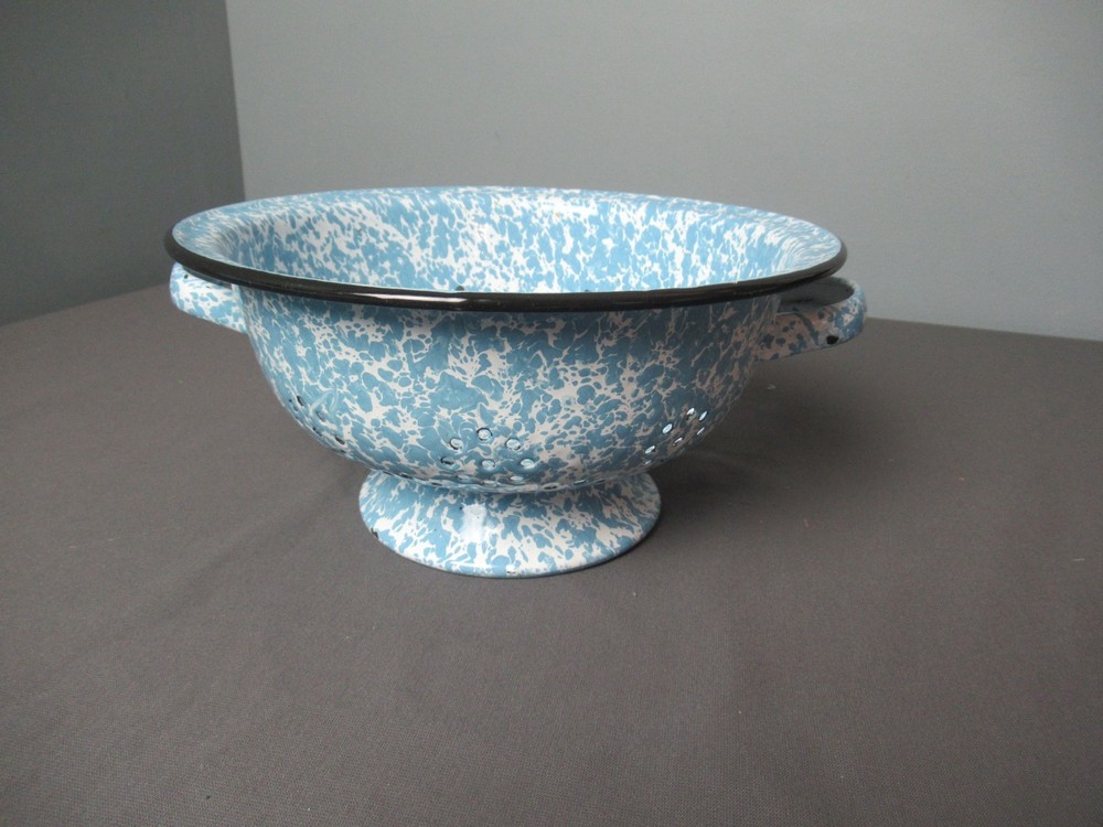 Enamelware Colander Light Blue & White Inside & Out - 2 Handles - 9 1/2" w - 242