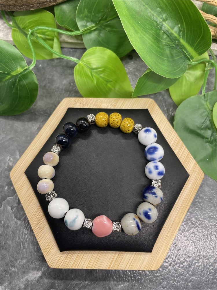 Handmade Ceramic Bead Beaded Stackable 6.5” Plus Stretch Bracelet New B231