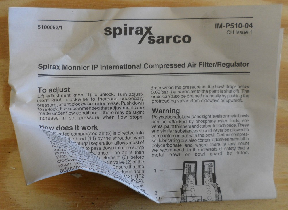 SPIRAX 1/2" MONNIER FILTER REGULATOR PART NUMBER IP2A