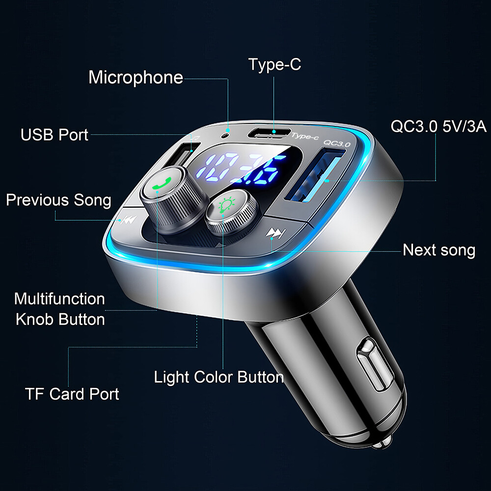 Bluetooth 5.1 FM Transmitter Car Kit Adapter MP3 Player Type c Dual USB Charger