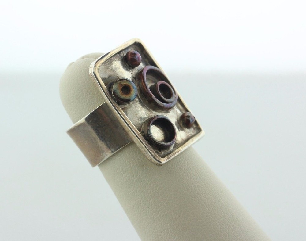 Handcrafted Sterling Silver 925 Square with Copper Circles Ring - Adjustable