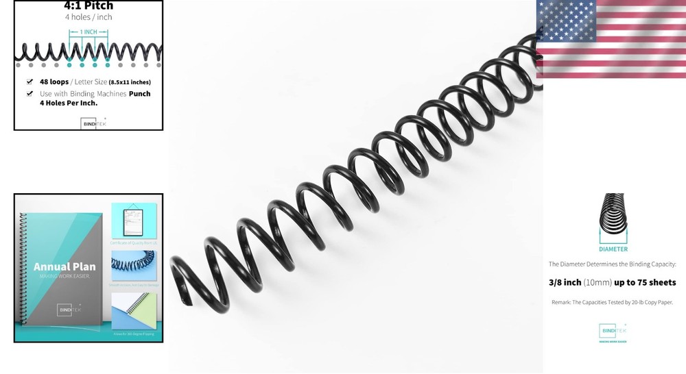 10mm Black Spiral Binding Coils, 100 Pack - 4:1 Pitch for Easy Document Binding