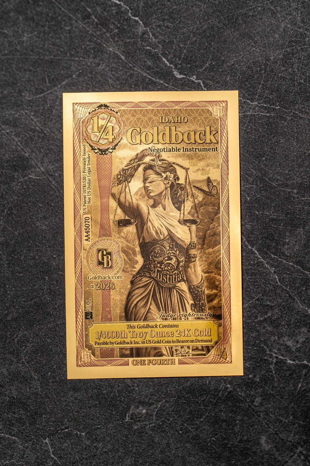 50X - 1/4 IDAHO Goldback Aurum Gold Foil Note 1/4000 oz 24kt .999 Fine PRESALE