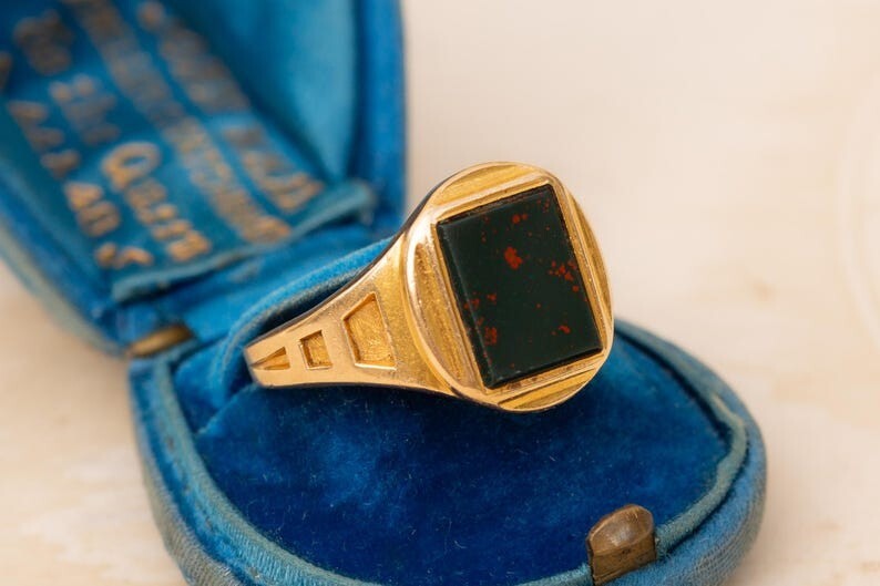 Vintage Bloodstone Signet Ring – Rectangular Gemstone Gold Plated Men's Ring