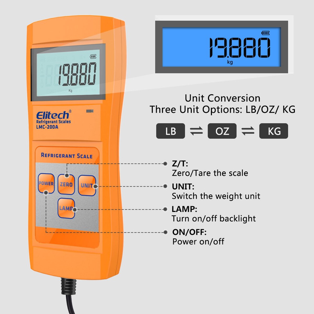Elitech LMC-200A Electronic Refrigerant Scale Charging Digital Weight HVAC Tools