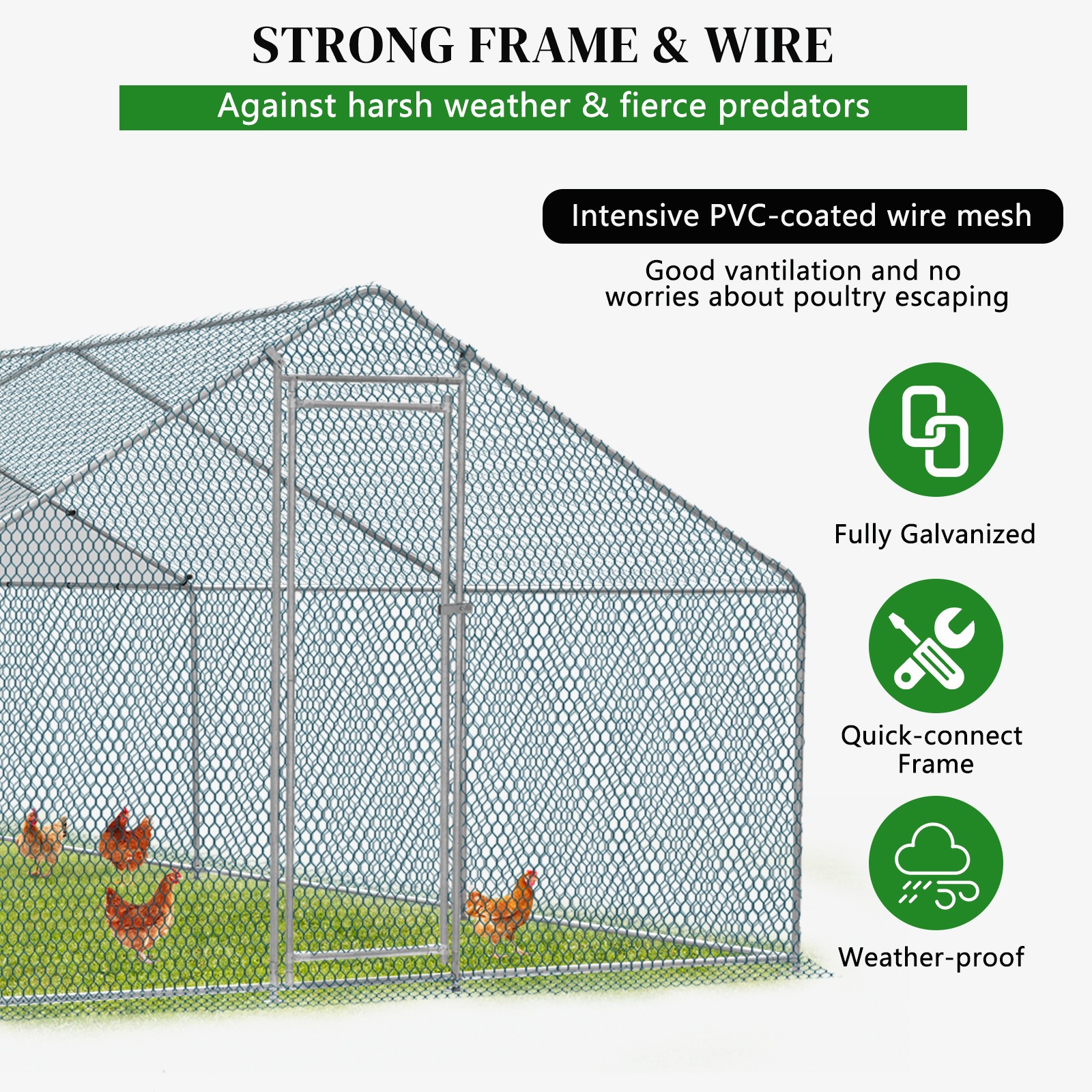 10 x 20 x 6.6FT Large Metal Chicken Coop Walk-In Chicken Run Peaked Roof w/Cover