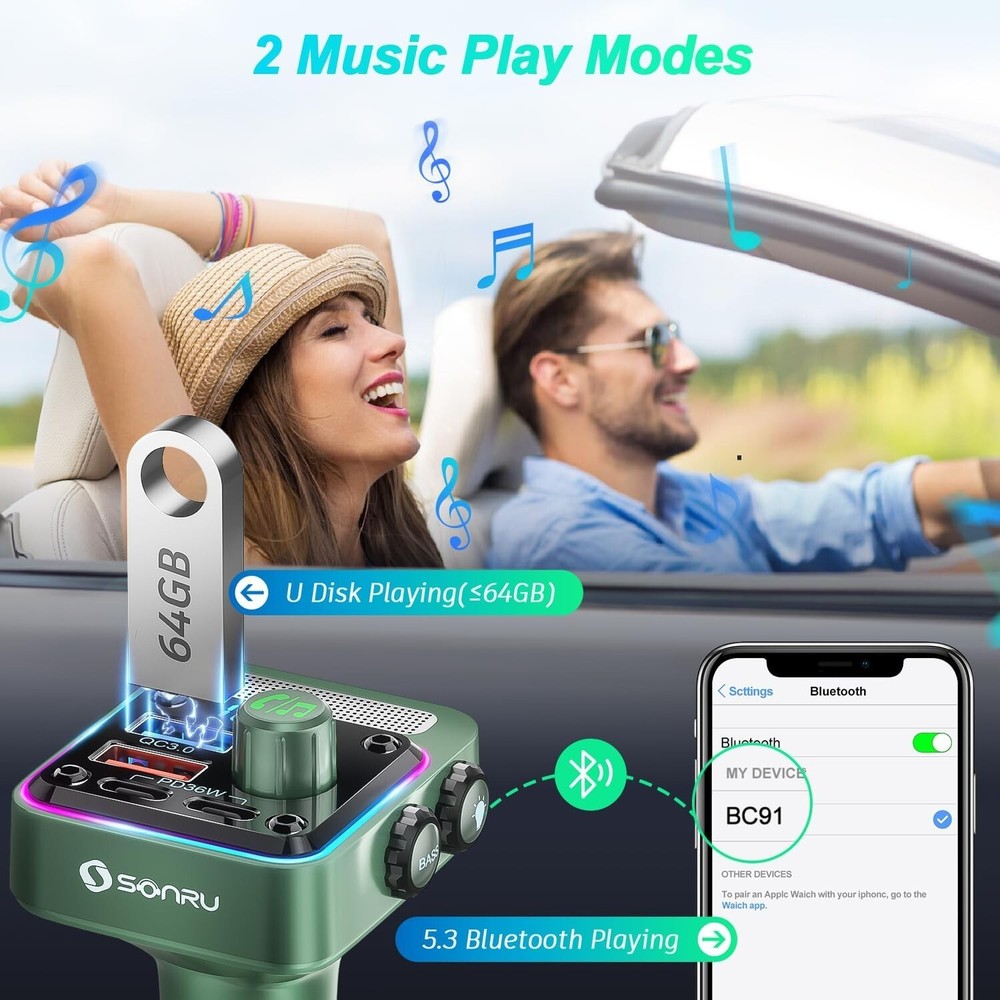 Bluetooth 5.3 FM Transmitter Car Adapter - SONRU Charger 54W wireless Radio