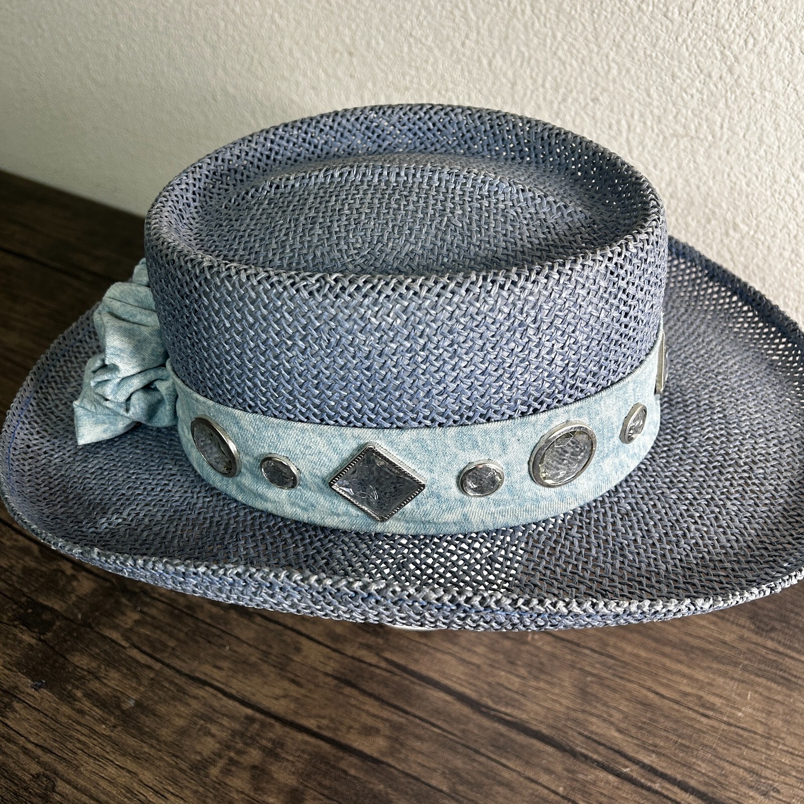 VINTAGE Something Special Straw Hat 1980s Gantos Blue Embellished Derby 3425