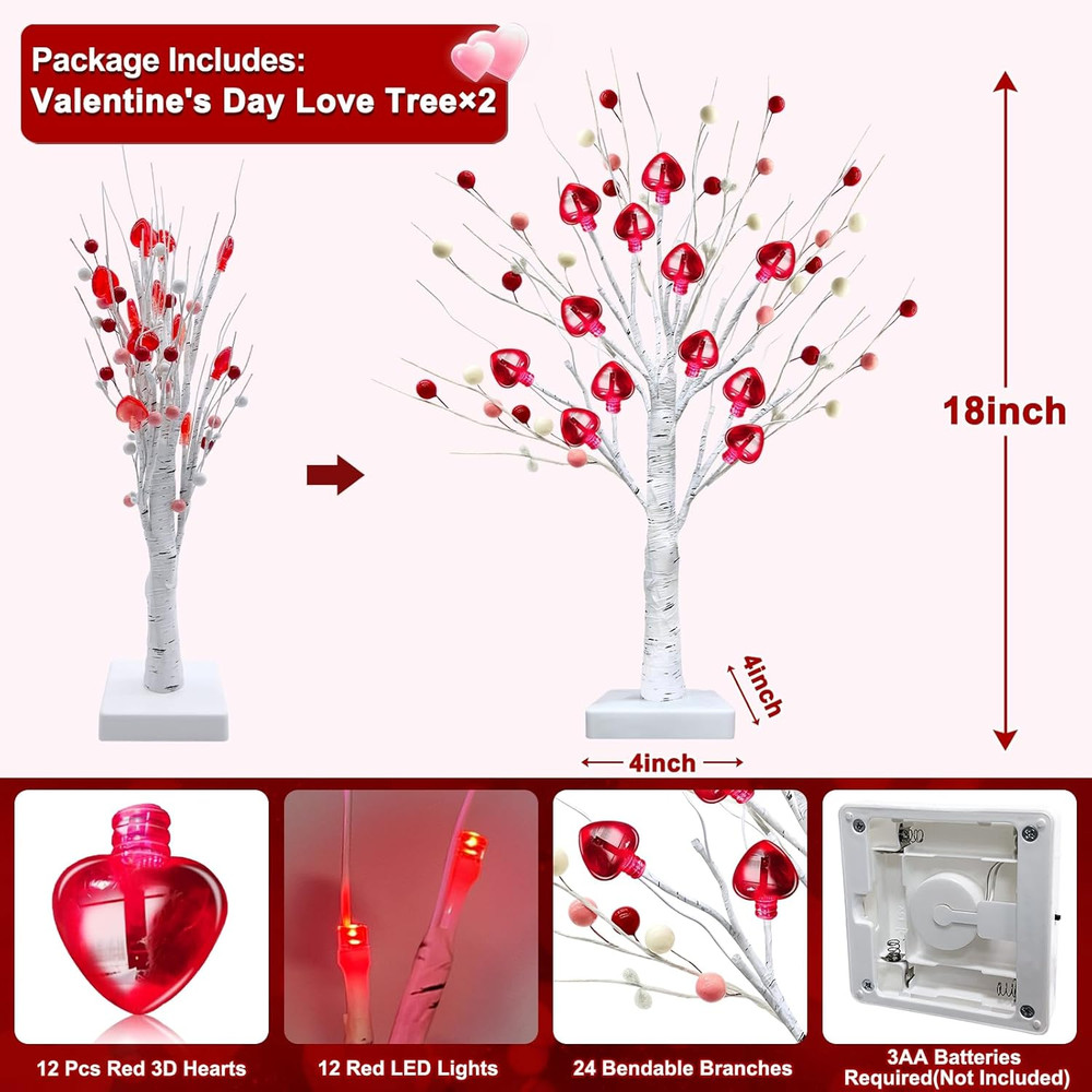 Prelit & Timer - Valentines Day Decorations, 2 Pack 18 Inch Valentines Day Tree