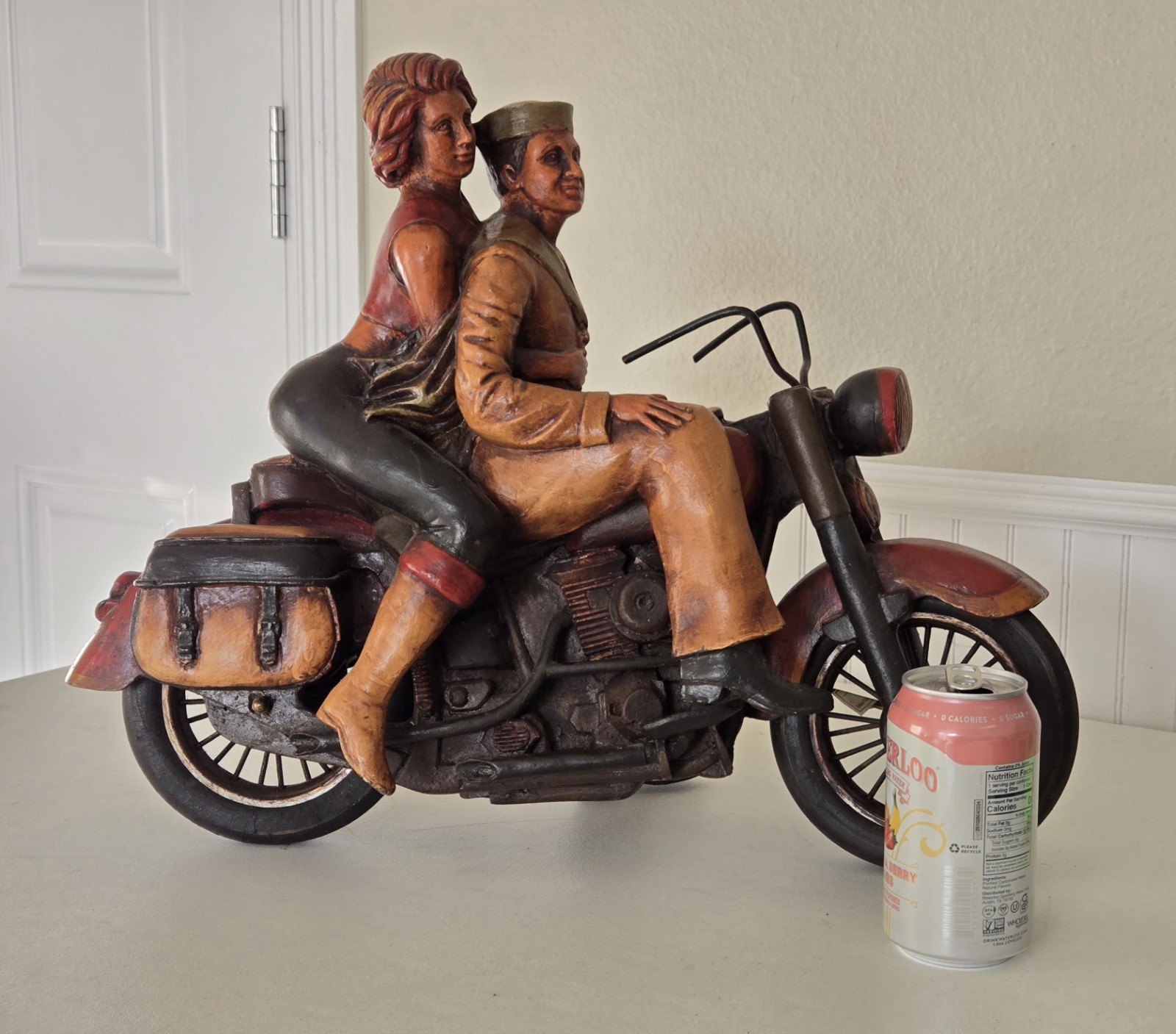 LARGE Wooden Sailor & Date Couple Riding Harley Davidson Motorcycle Sculpture