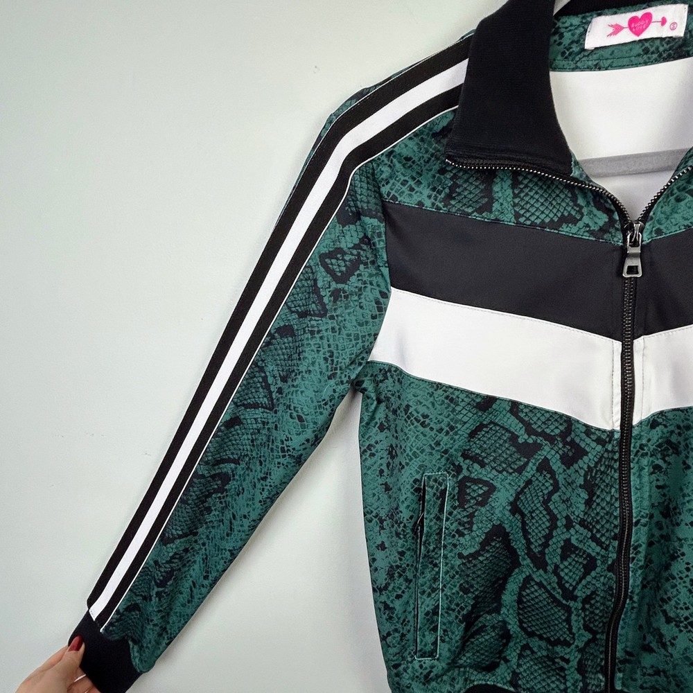 Buddylove Green Snake Python Print Athletic Track Jacket Full Zip Racer Stripe S