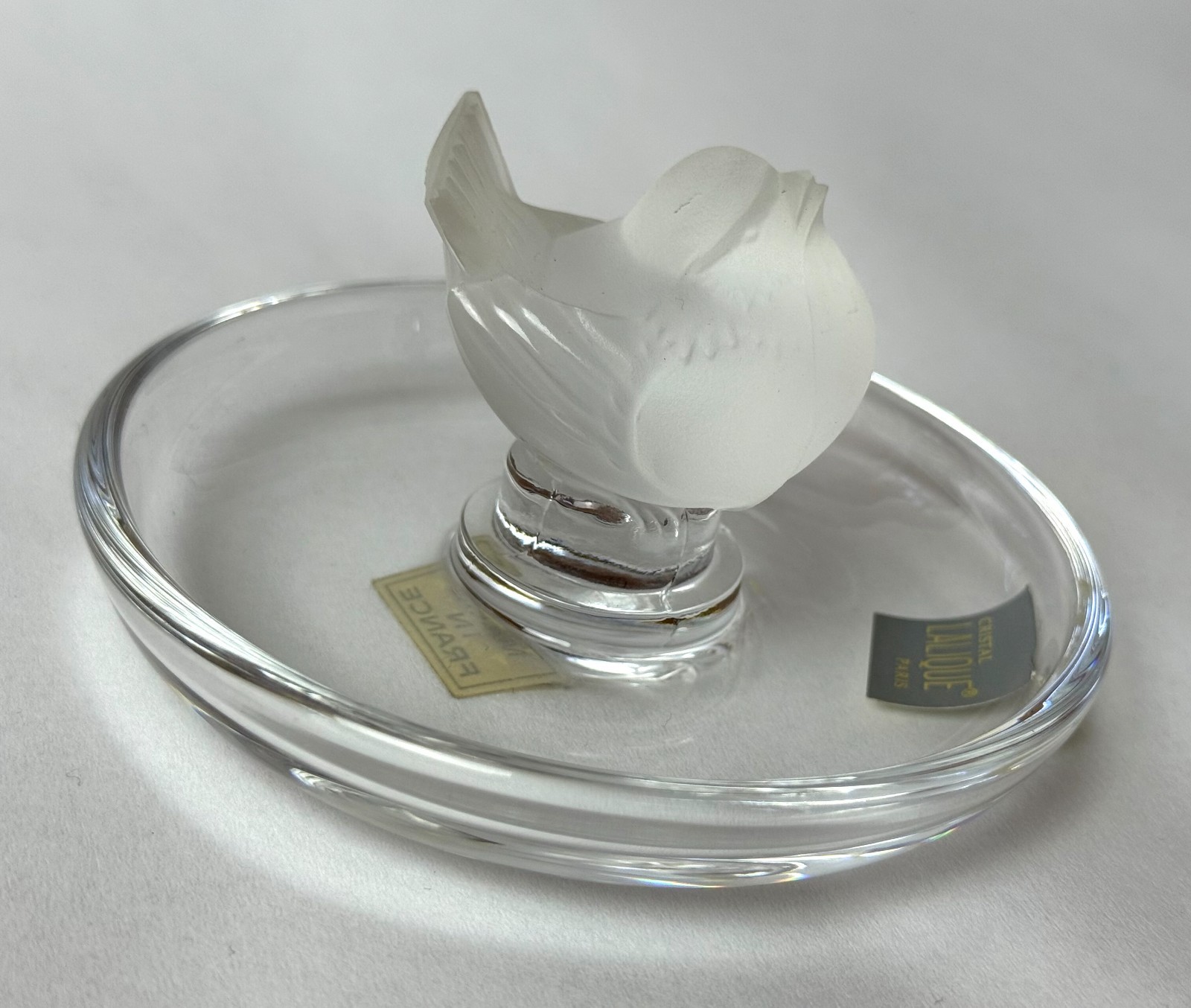 Lalique Pinson Finch 1970s Art Glass Ring Dish Clear & Frosted Crystal 2” Tall
