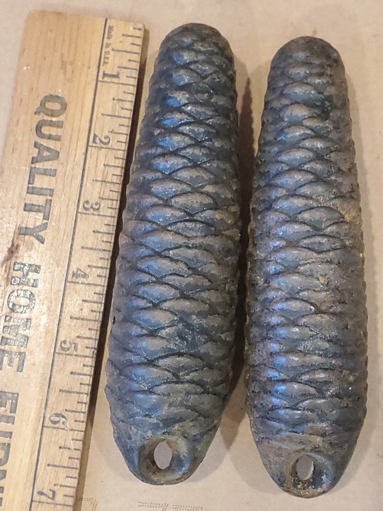 2  Used Large Pine Cone Shape Cuckoo Clock Weights, Cast Iron ? Clock Part