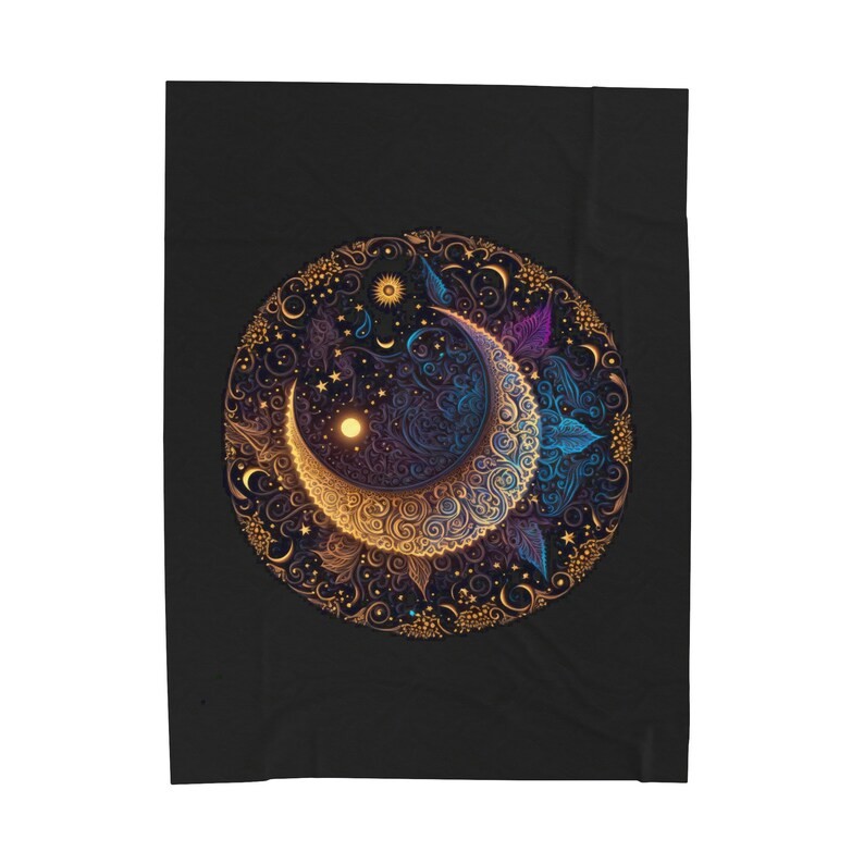 Crescent Moon Electric Mandala Blanket Plush Throw Celestial Art