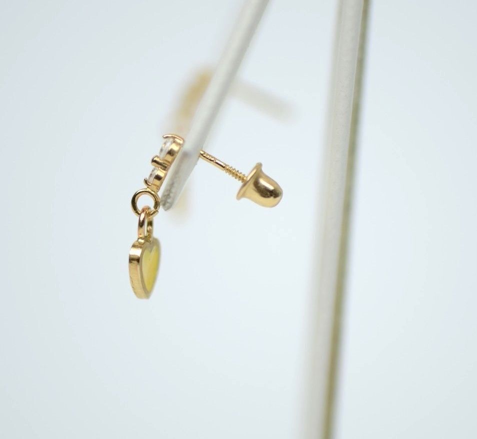 14K Solid Yellow Gold Enamel Heart Shape Dangle Stud Earring