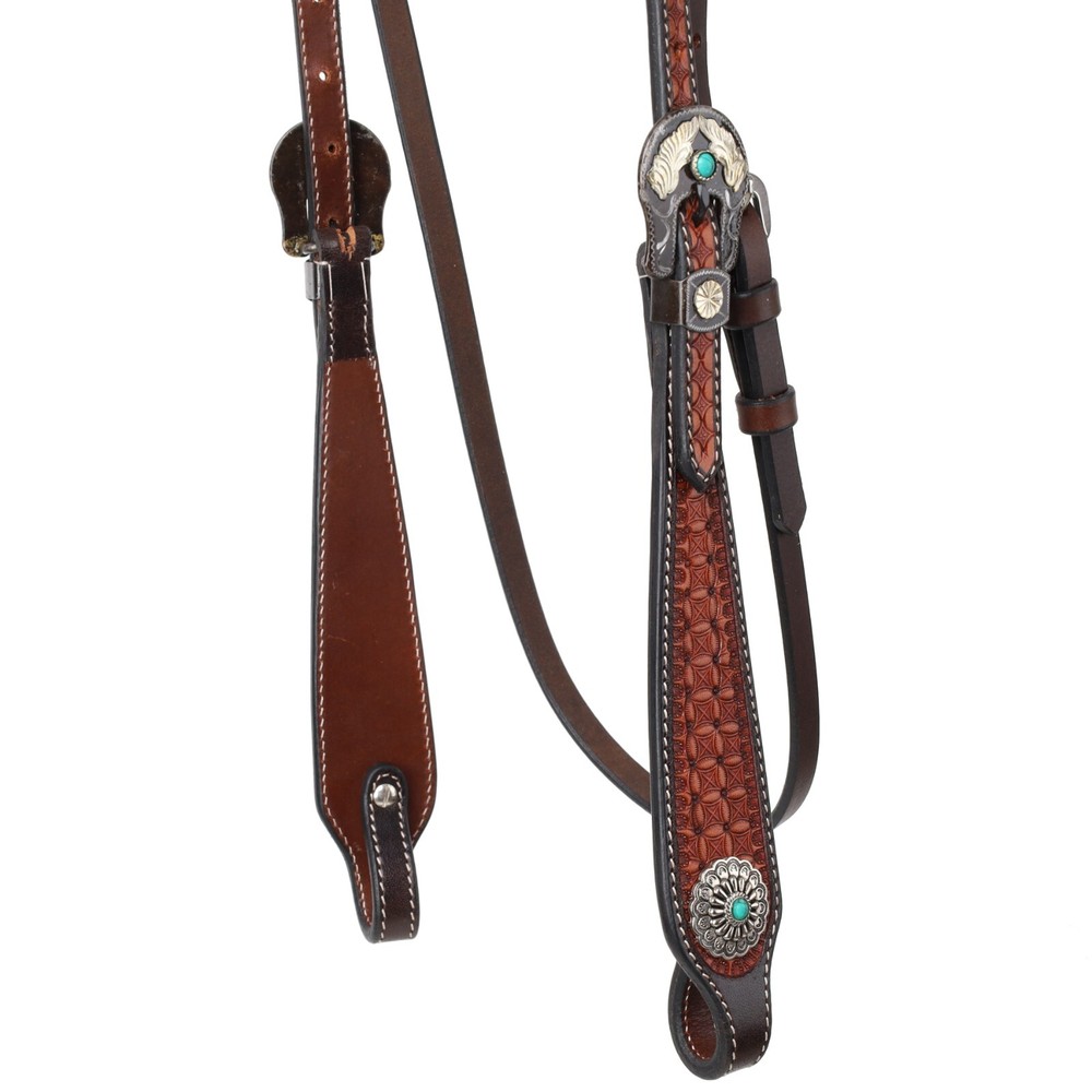 BROWBAND HEADSTALL Rustic Tooled Medium Oil Waffle Tooled Leather