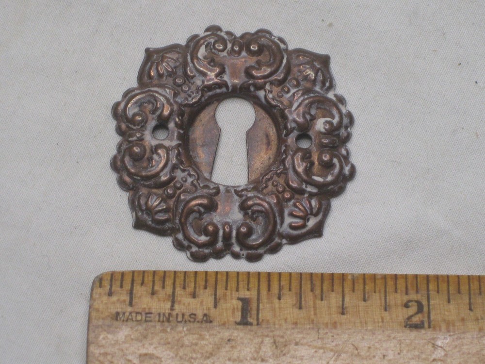 1 antique escutcheon skeleton key type cover plate pressed copper hardware