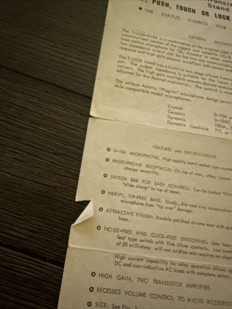 Original ASTATIC D104 Microphone SPEC SHEET