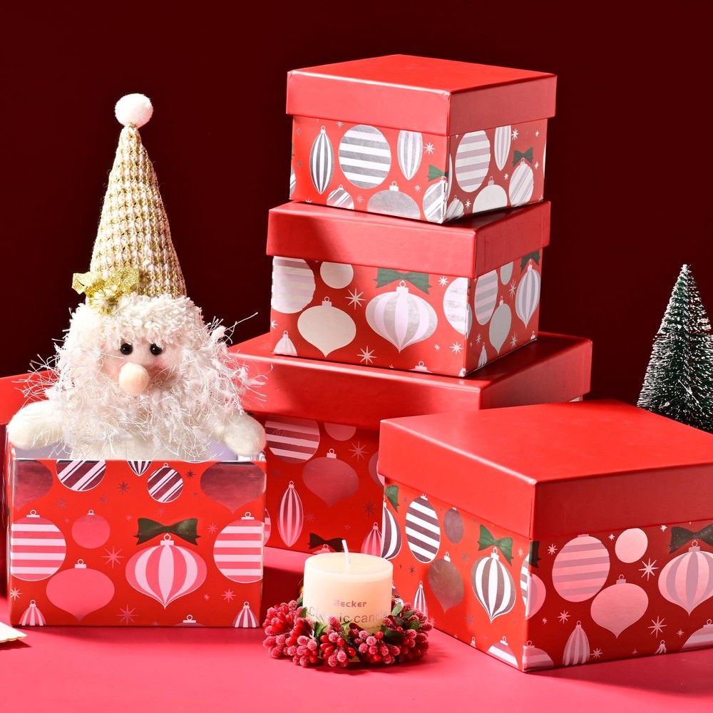 5PCS Christmas Nesting Gift Boxes Set, Red Silver Foil Lantern Flat Square Ca...