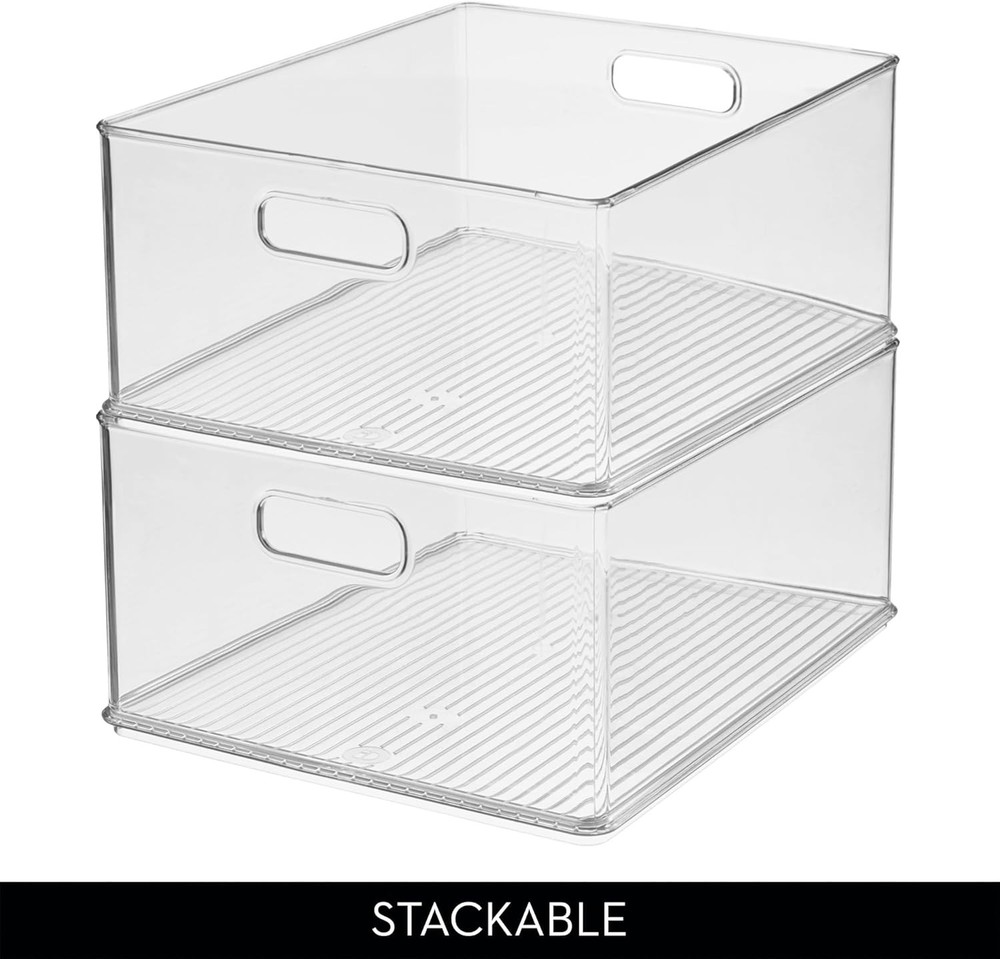 Recycled Plastic Stackable Storage Bin W/ Handles Clear