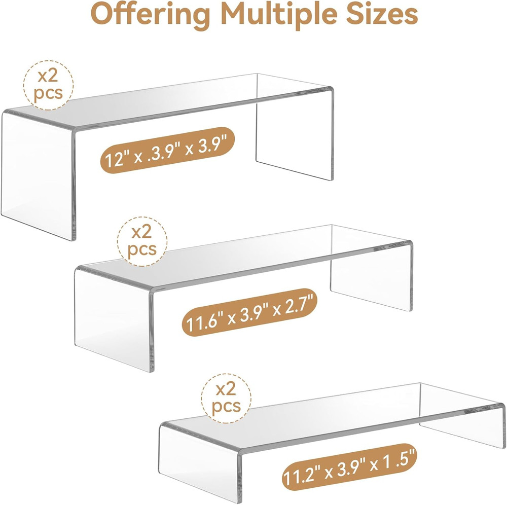 Large Acrylic Display Risers, 2 Sets(11.2”L~11.6”L~12”L) Clear Rectangular Showc