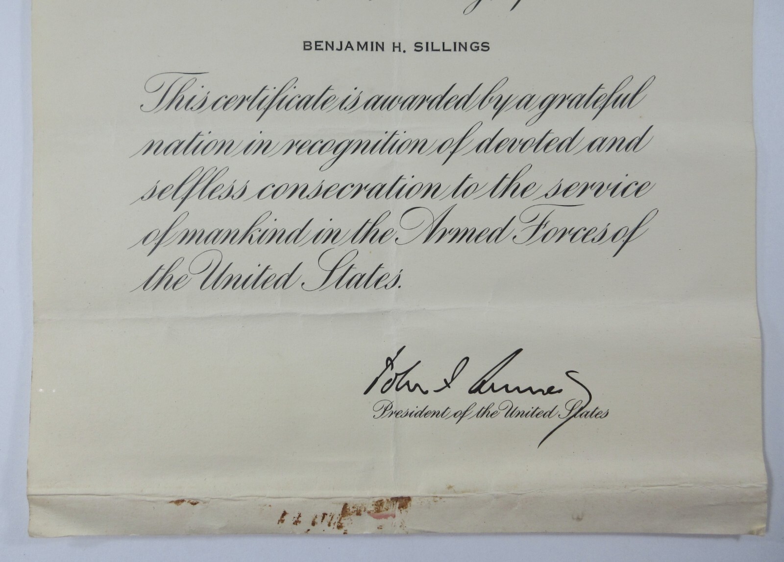 President John F. Kennedy US Navy Memorial Death Certificate Benjamin H Sillings