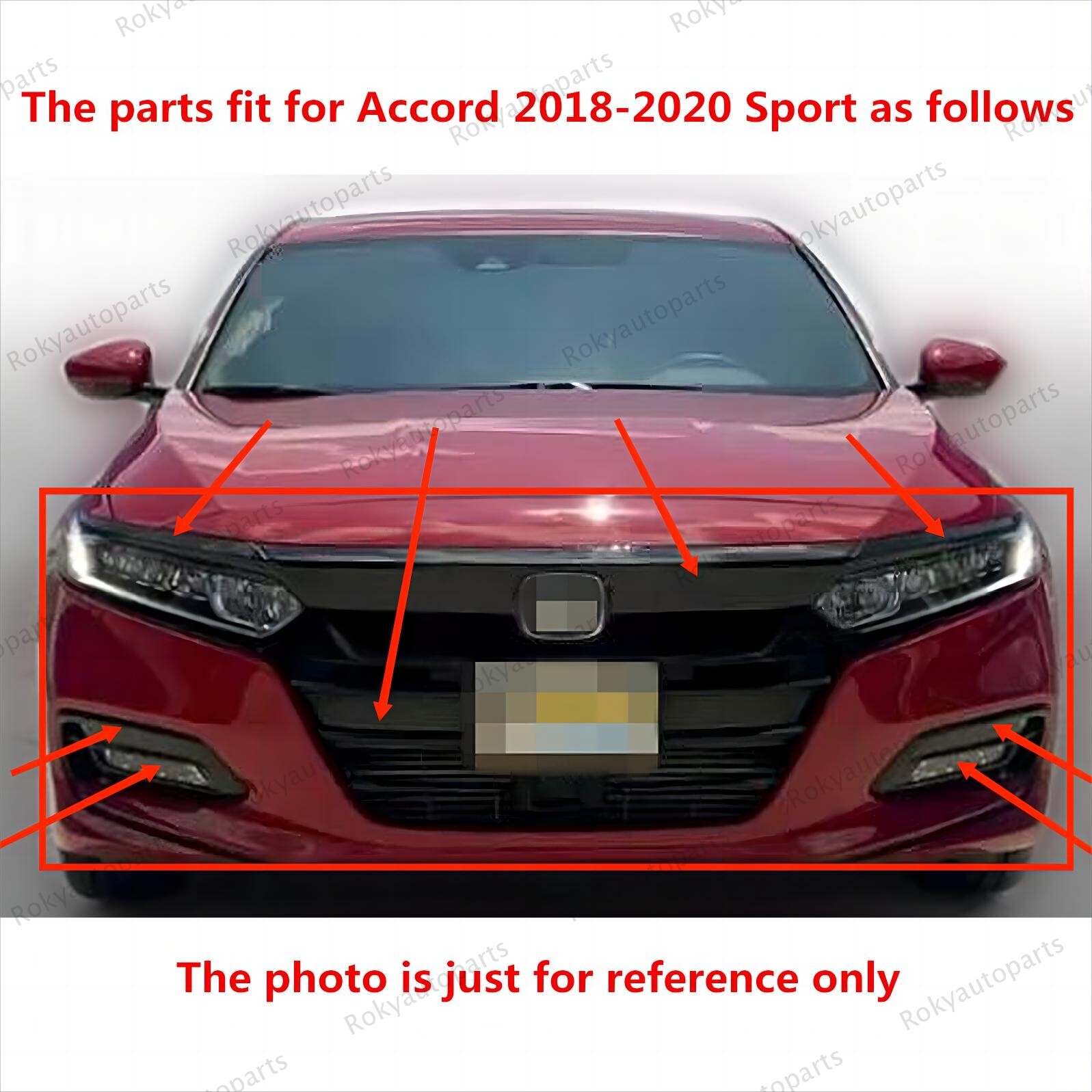 For Accord Sport 2018-2020 Gloss Black Grille Fog Light Trim Bumper Brackets Set