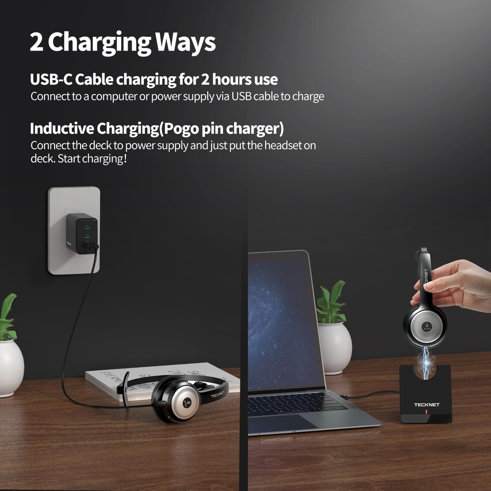 TECKNET Wireless Headset for Work, 40Hrs Worktime AI Noise Cancelling Computer H