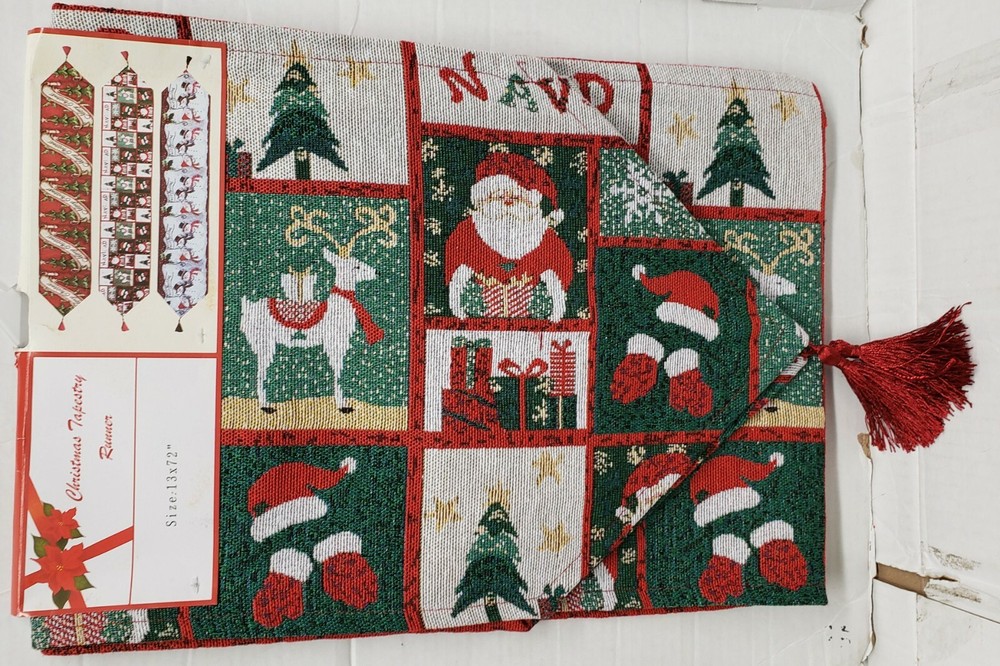 Extra Long Tapestry Table Runner, 13"x72", WINTER,CHRISTMAS THEME PATCHWORK, HG