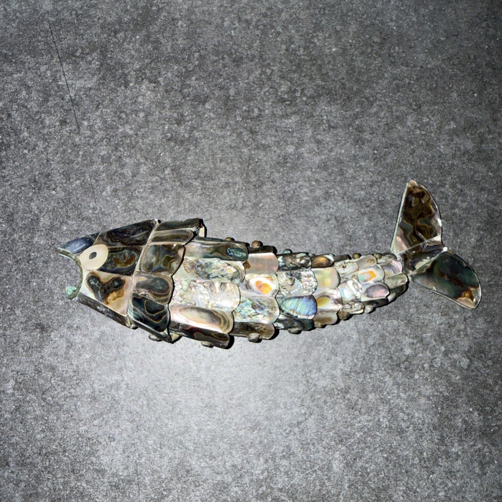 Vintage Abolone Shell Articulated Fish Bottle Opener Silver Color 7”