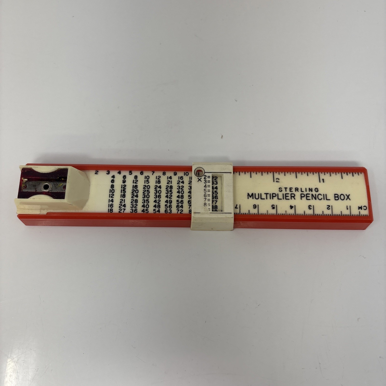 Vintage Sterling Multiplier Pencil Box, Sharpener & Ruler, Red And White 7 5/8"