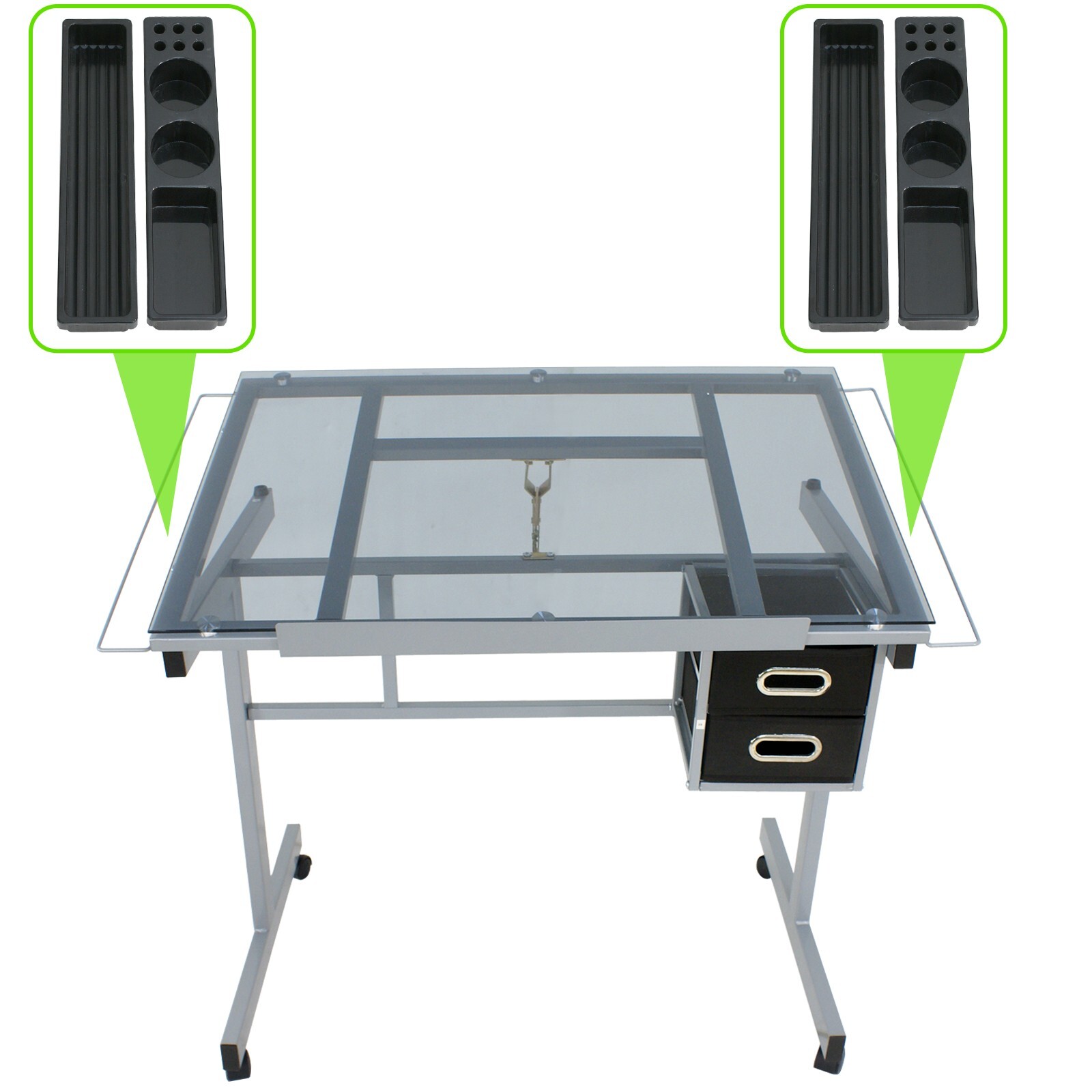 Drafting Table on Wheels Adjustable Glass Tabletop Drawing Desk w/Storage Drawer