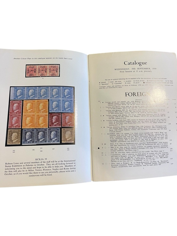 1959 Robson Lowe Foreign Stamp Auction Catalogue + Prices Realised & Bid Form