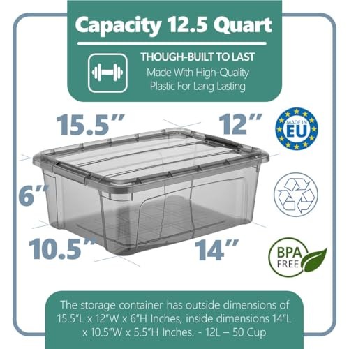 12.5 Quart Storage Bins with Lids, Plastic Storage Containers with Latching