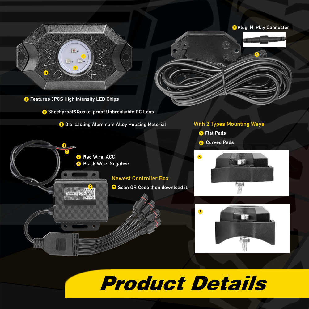 RGB LED Rock Lights 8-Pods Wireless Bluetooth Music Multi Color ATV UTV 4WD RZR