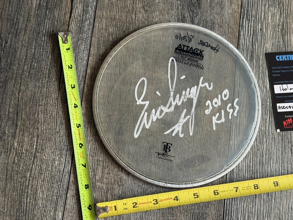 KISS Drumhead ERIC SINGER Concert Used Signed Autograph CoA 8" NJ 2010 Tour