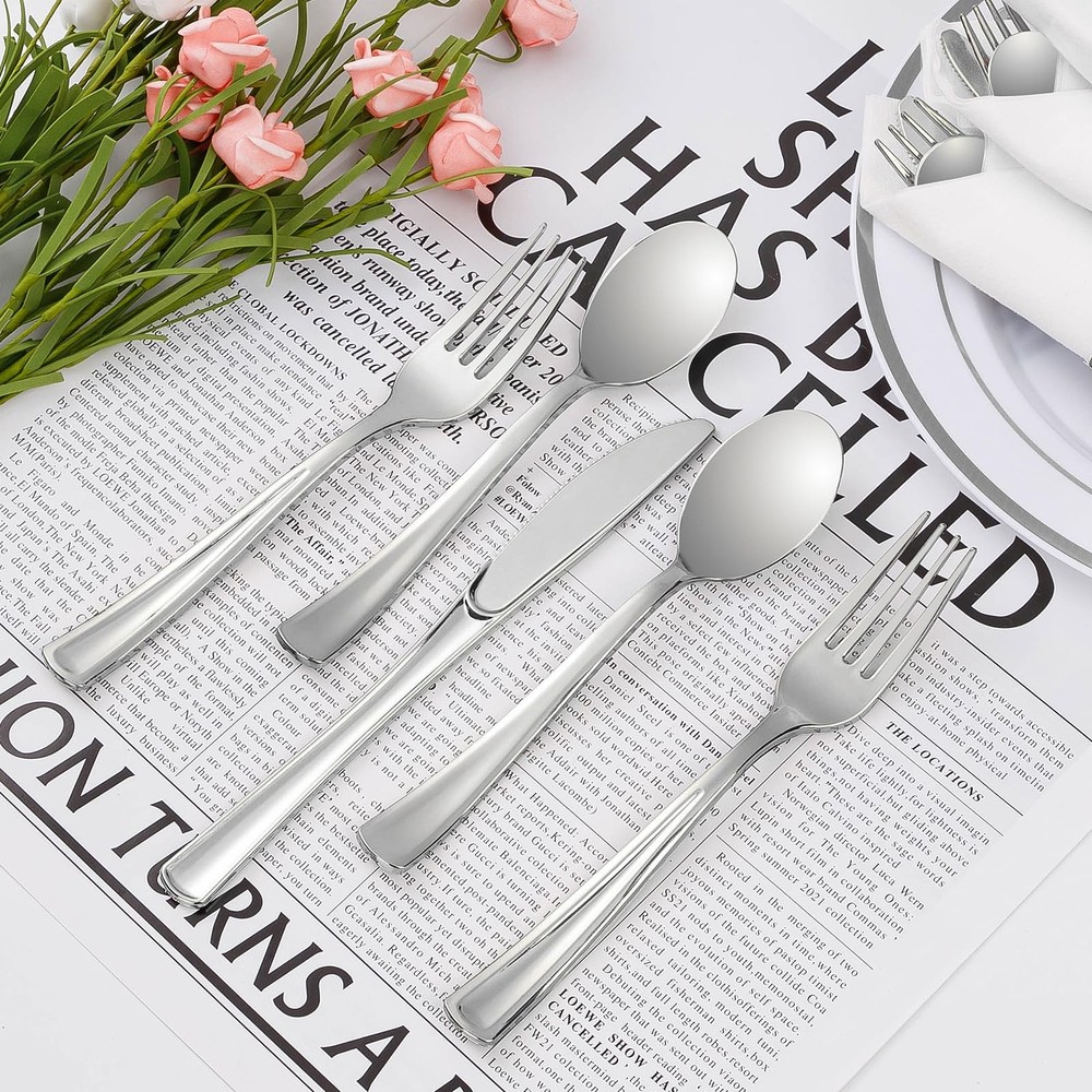 100 Pack Pre Rolled Silver Plastic Silverware, Wrapped Plastic Cutlery Set wi...