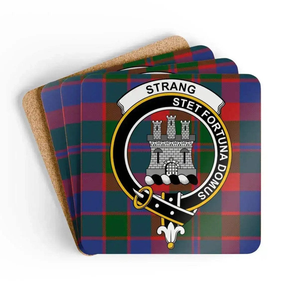 Strang Clan Crest Scottish Tartan Coaster Set