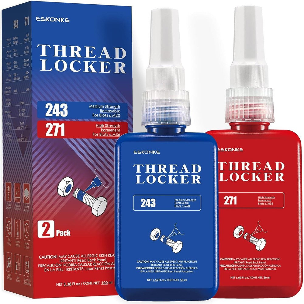 2 Pack Thread Locker - Blue 243 (Medium) & Red 271 (High) - Metal Screw Locking