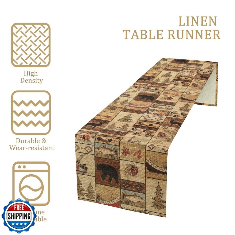 Retro Rustic Table Runner, Bear Deer Elk Cabins Tribal Geometric Pattern Coun