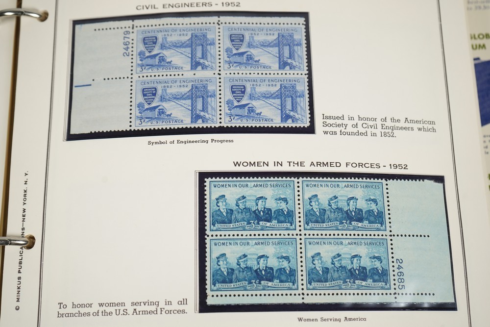 US 1950s-1960s COLLECTION OF 240 MINT PLATE BLOCKS STORED IN MINKUS ALBUM