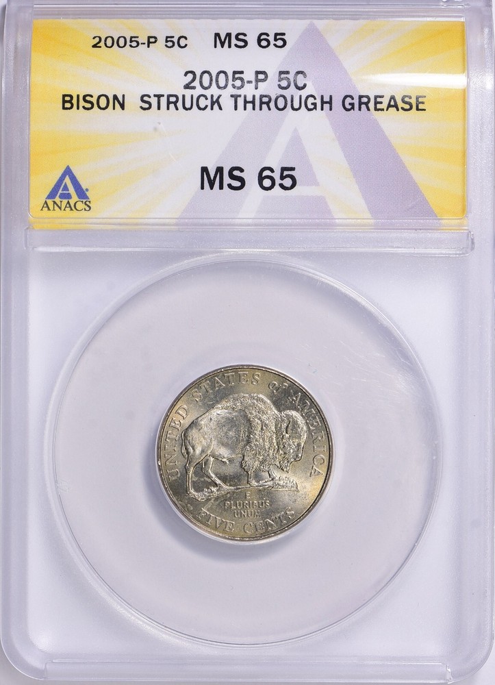 ERROR! 2005-P Jefferson Bison Struck Thru Grease ANACS MS-65...