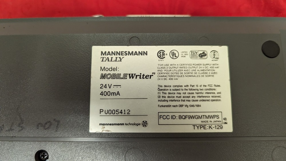 Mannesmann Tally Mobile Writer Printer PS With Power Supply Untested