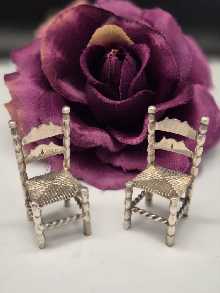 Antique Solid Silver Miniature Chairs, Dolls House, Dutch German, Matching Pair