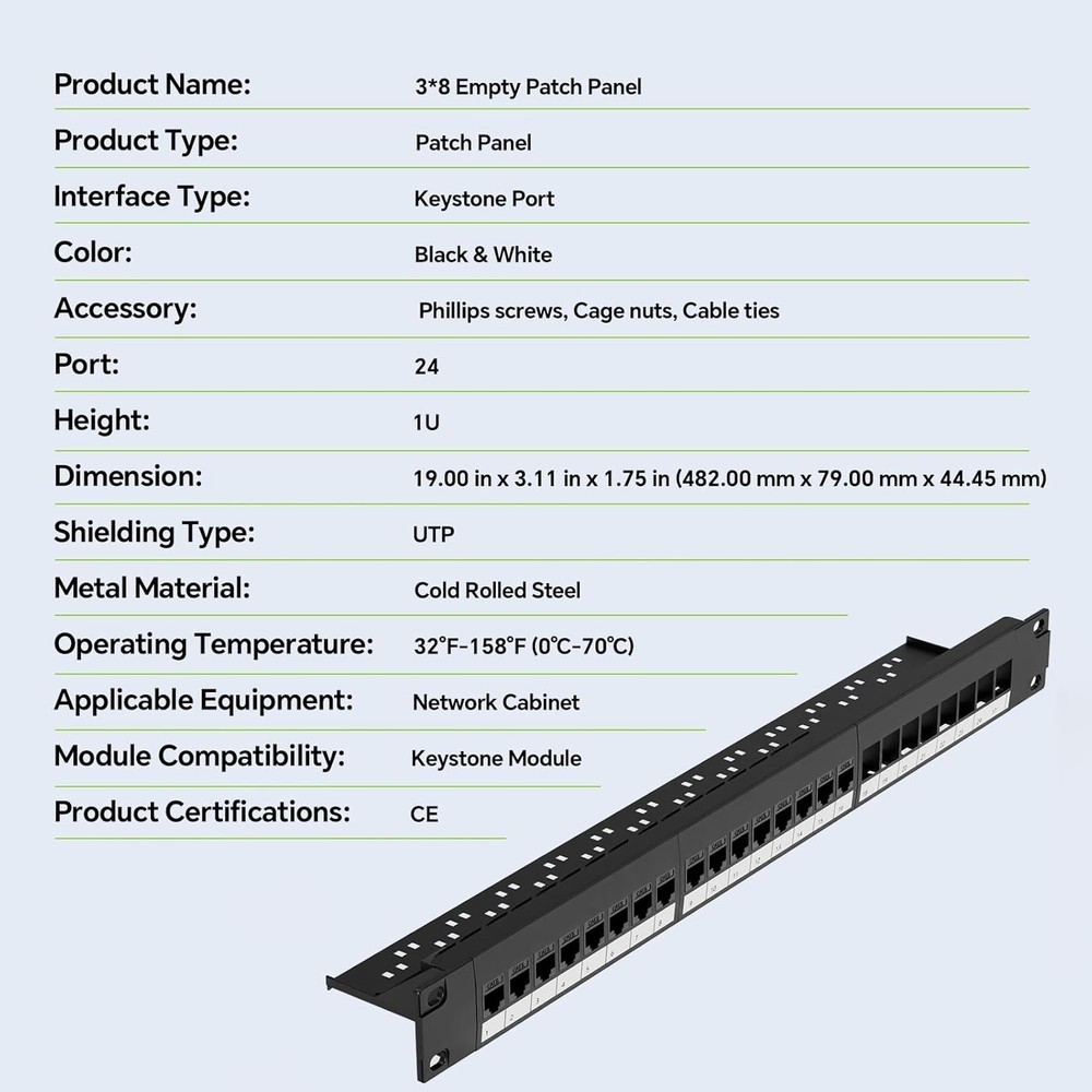 24 Port Blank Keystone Patch Panel, 1U 19 inch Cat6 Patch Panel with Detachab...