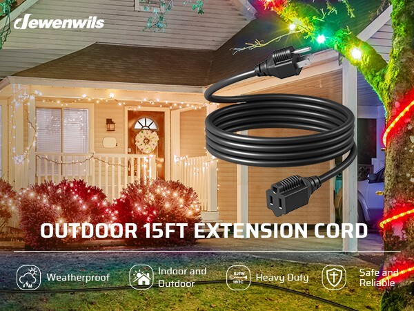DEWENWILS Outdoor Extension Cord 15 FT, 3 Prong Indoor Outdoor 16/3 SJTW, 1 Pack