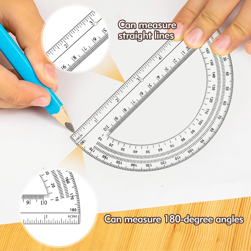 3 PCS Geometry Set 12 Inch Ruler Clear Protractor Compass Drawing Measuring