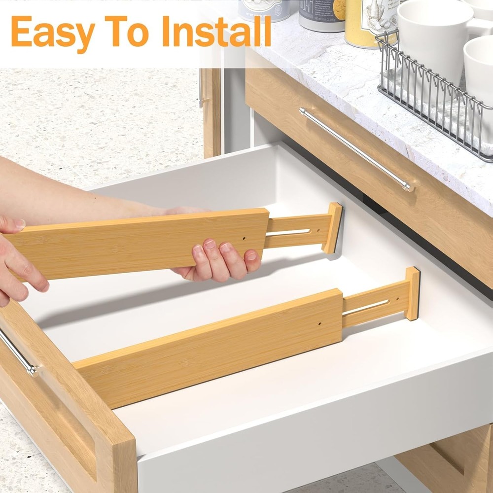 Expandable Bamboo Drawer Separators, Adjustable for Clothes & Utensils - 4 Pack