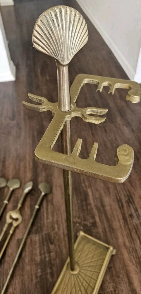 Vintage Solid Brass Fireplace Tool 5-Pc Set Scallop Shell Finial, Nautical, MCM